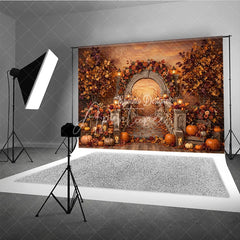 Aperturee - Aperturee Autumn Archway Photography Backdrop with Stone Staircase Fall Foliage Pumpkins and Glowing Lanterns Decor