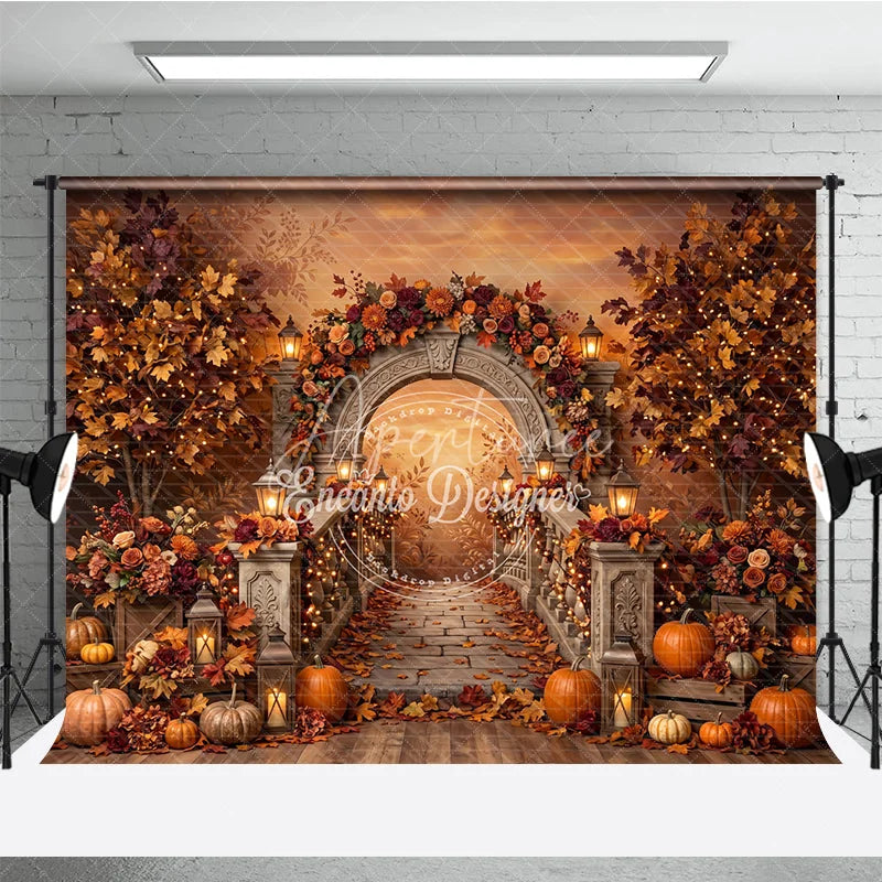 Aperturee - Aperturee Autumn Archway Photography Backdrop with Stone Staircase Fall Foliage Pumpkins and Glowing Lanterns Decor