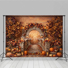 Aperturee - Aperturee Autumn Archway Photography Backdrop with Stone Staircase Fall Foliage Pumpkins and Glowing Lanterns Decor