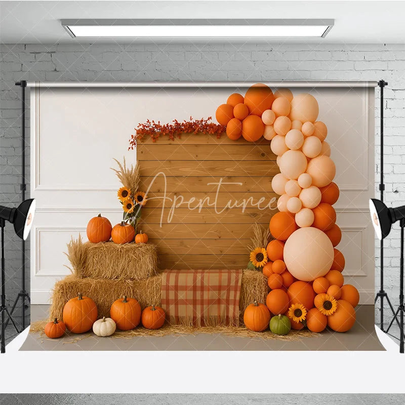 Aperturee - Aperturee Autumn Balloon Arch Photography Backdrop with Wood Wall Rustic Fall Pumpkins and Hay Thanksgiving Photo Booth