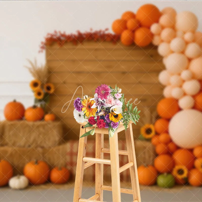 Aperturee - Aperturee Autumn Balloon Arch Photography Backdrop with Wood Wall Rustic Fall Pumpkins and Hay Thanksgiving Photo Booth