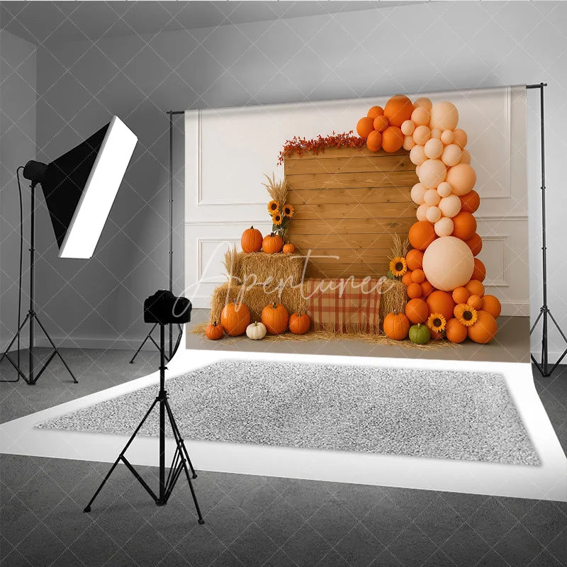 Aperturee - Aperturee Autumn Balloon Arch Photography Backdrop with Wood Wall Rustic Fall Pumpkins and Hay Thanksgiving Photo Booth