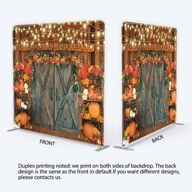 Aperturee - Aperturee Autumn Barn Door Tension Fabric Backdrop Rustic Pumpkin Fall Leaves Background Thanksgiving Harvest Party Decoration