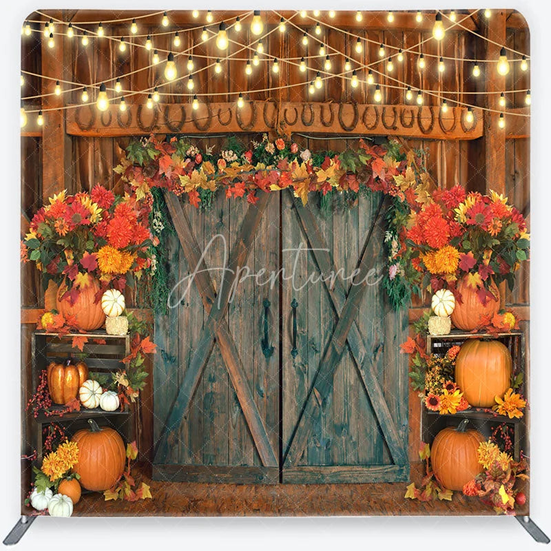 Aperturee - Aperturee Autumn Barn Door Tension Fabric Backdrop Rustic Pumpkin Fall Leaves Background Thanksgiving Harvest Party Decoration