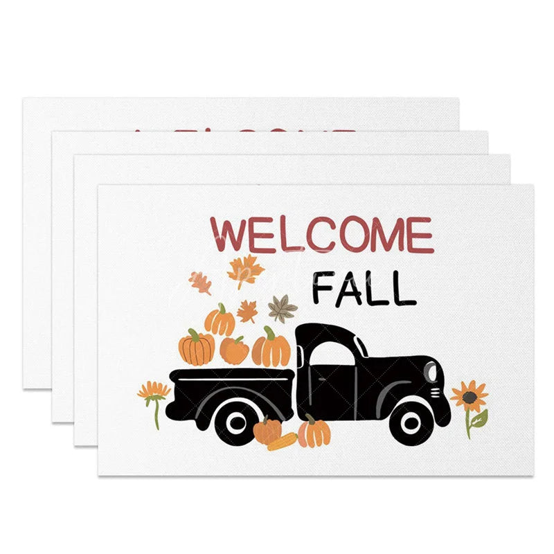 Aperturee - Aperturee Autumn Black Truck with Pumpkins Set of 4 Placemats for Rustic Fall and Farmhouse Kitchen Decor