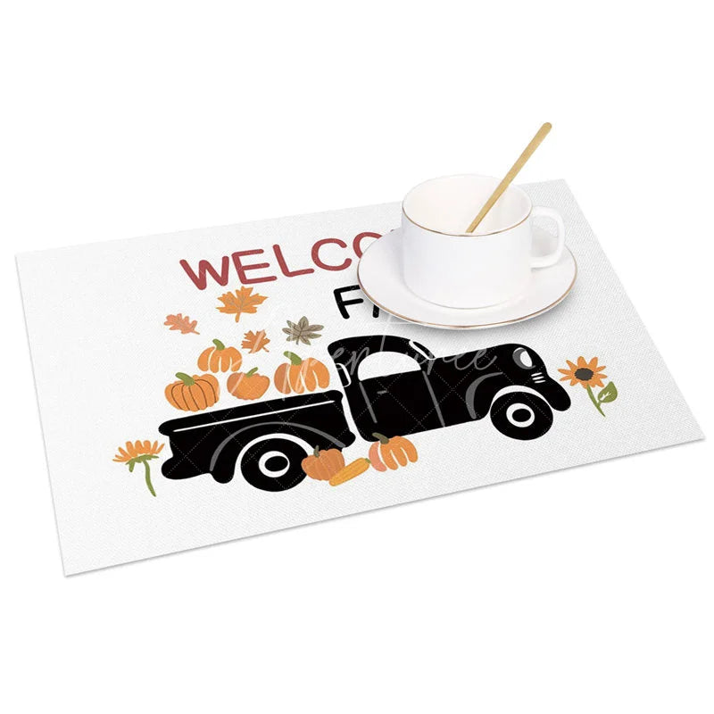 Aperturee - Aperturee Autumn Black Truck with Pumpkins Set of 4 Placemats for Rustic Fall and Farmhouse Kitchen Decor