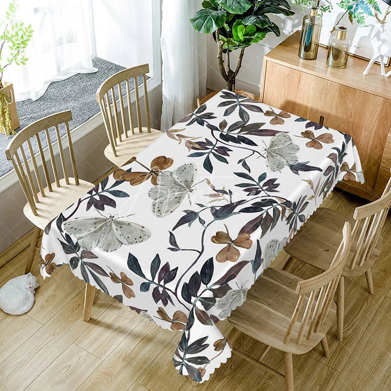 Aperturee - Aperturee Autumn Botanical Rectangle Tablecloth with Painted Butterflies and Plants for Fall and Thanksgiving Decor