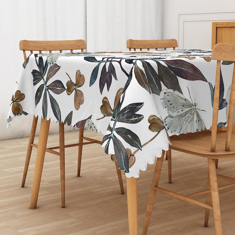 Aperturee - Aperturee Autumn Botanical Rectangle Tablecloth with Painted Butterflies and Plants for Fall and Thanksgiving Decor
