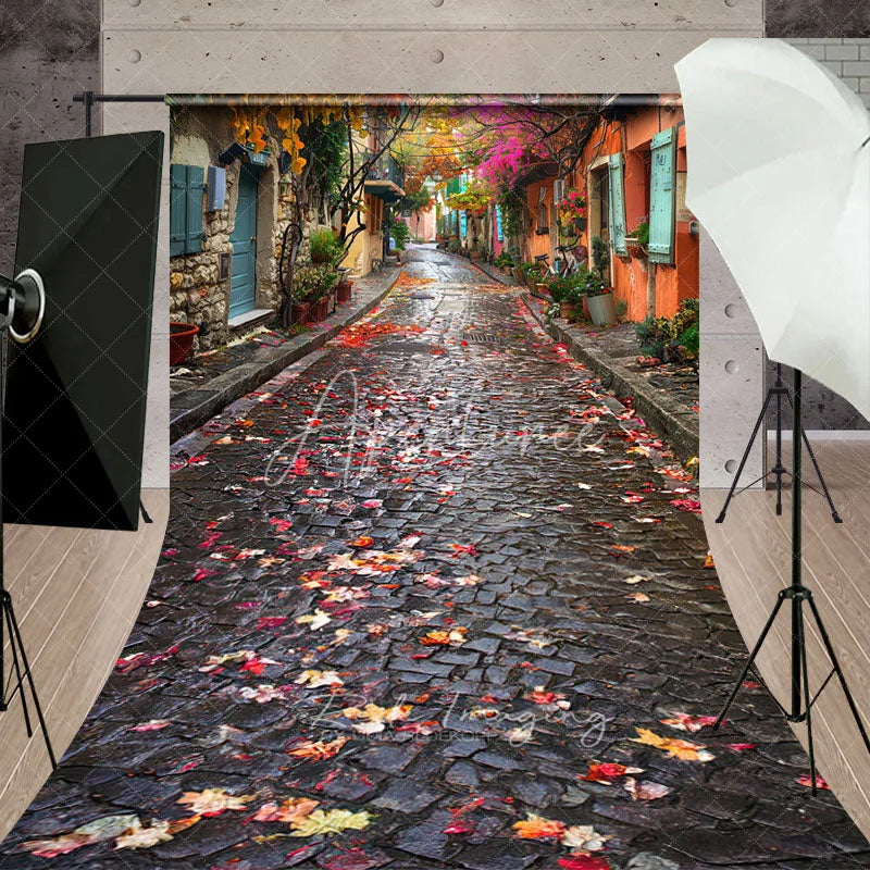 Aperturee - Aperturee Autumn European Cobblestone Alleyway Backdrop Colorful Fall Leaves Town Street Photography Background