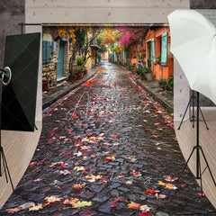 Aperturee - Aperturee Autumn European Cobblestone Alleyway Backdrop Colorful Fall Leaves Town Street Photography Background