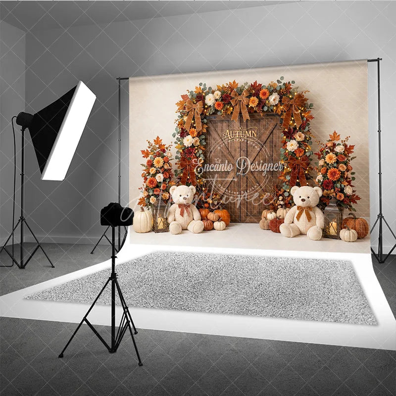 Aperturee - Aperturee Autumn Fall Harvest Photography Backdrop Wooden Door with Pumpkins Flowers and Teddy Bears