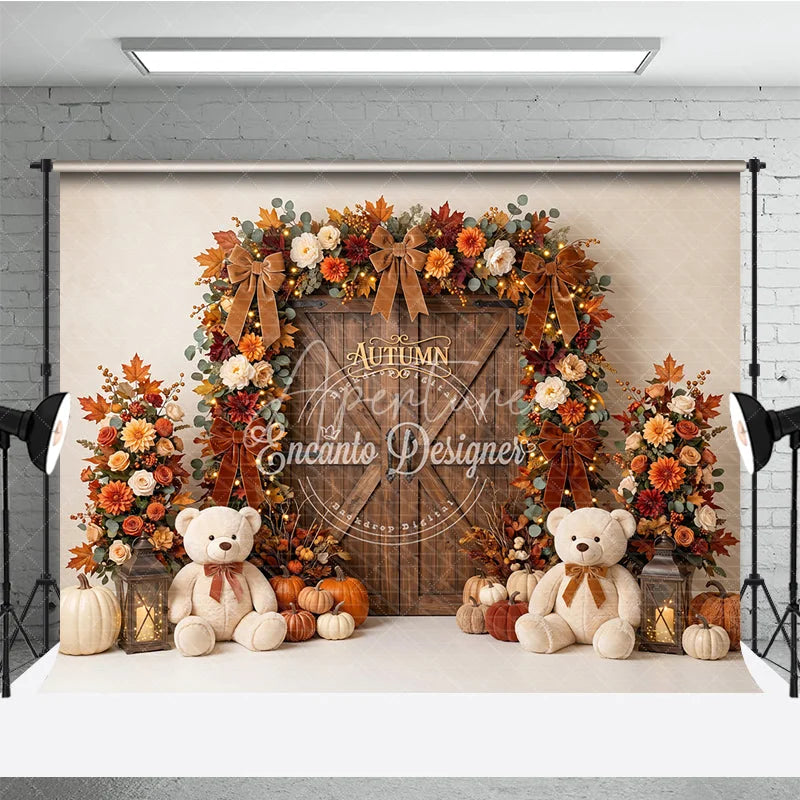 Aperturee - Aperturee Autumn Fall Harvest Photography Backdrop Wooden Door with Pumpkins Flowers and Teddy Bears