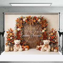 Aperturee - Aperturee Autumn Fall Harvest Photography Backdrop Wooden Door with Pumpkins Flowers and Teddy Bears