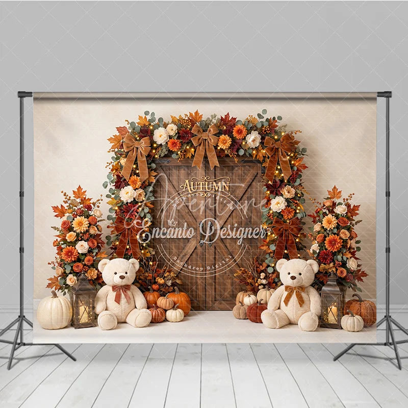 Aperturee - Aperturee Autumn Fall Harvest Photography Backdrop Wooden Door with Pumpkins Flowers and Teddy Bears