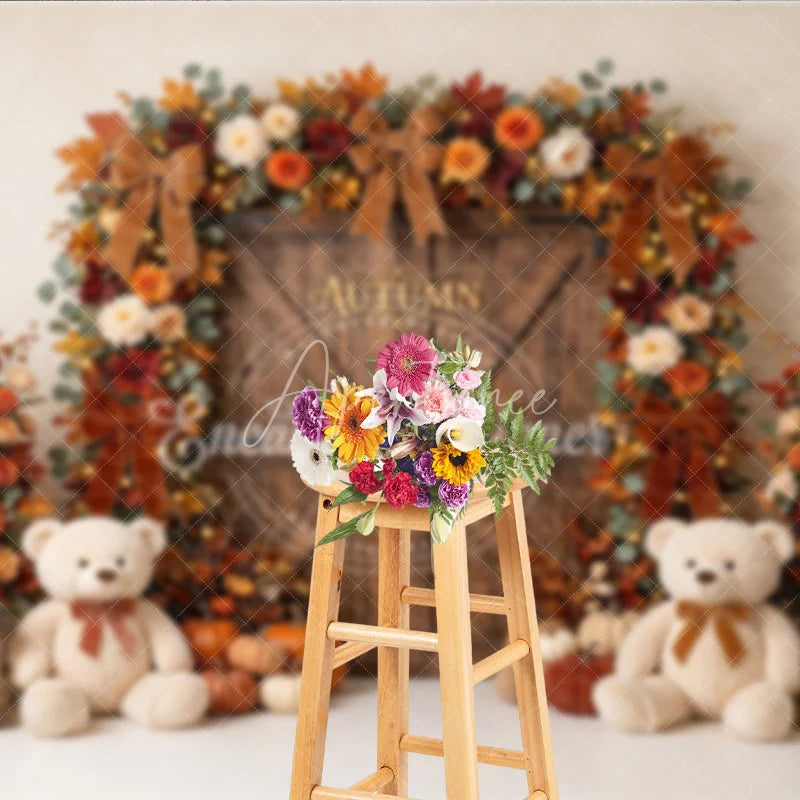 Aperturee - Aperturee Autumn Fall Harvest Photography Backdrop Wooden Door with Pumpkins Flowers and Teddy Bears