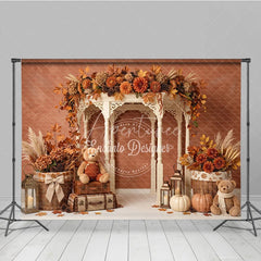 Aperturee - Aperturee Autumn Fall Rustic Gazebo Photography Backdrop with Pumpkins Teddy Bears and Maple Leaves for Seasonal Photoshoot