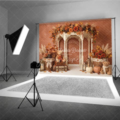 Aperturee - Aperturee Autumn Fall Rustic Gazebo Photography Backdrop with Pumpkins Teddy Bears and Maple Leaves for Seasonal Photoshoot