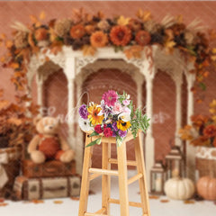 Aperturee - Aperturee Autumn Fall Rustic Gazebo Photography Backdrop with Pumpkins Teddy Bears and Maple Leaves for Seasonal Photoshoot