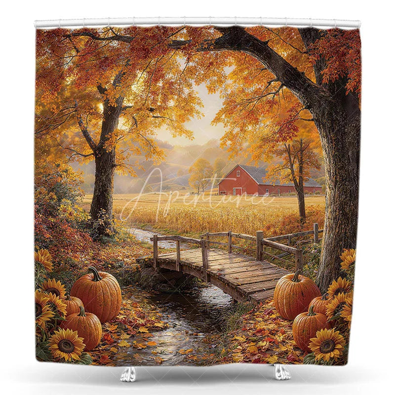 Aperturee - Aperturee Autumn Farmhouse Red Barn Shower Curtain with Rustic Wooden Bridge Pumpkins and Sunflowers