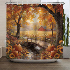 Aperturee - Aperturee Autumn Farmhouse Red Barn Shower Curtain with Rustic Wooden Bridge Pumpkins and Sunflowers