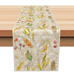 Aperturee - Aperturee Autumn Feather and Berry Table Runner Rustic Fall Leaves Watercolor Thanksgiving Table Decor