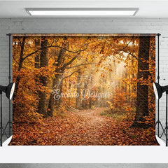 Aperturee - Aperturee Autumn Forest Path Photography Backdrop with Golden Sunlight and Falling Leaves Natural Scenery