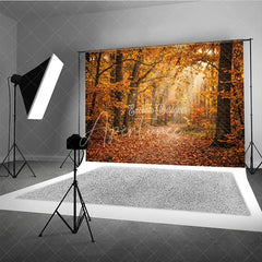 Aperturee - Aperturee Autumn Forest Path Photography Backdrop with Golden Sunlight and Falling Leaves Natural Scenery