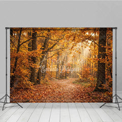 Aperturee - Aperturee Autumn Forest Path Photography Backdrop with Golden Sunlight and Falling Leaves Natural Scenery