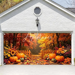 Aperturee - Aperturee Autumn Forest Path with Pumpkins and Fall Leaves Garage Door Banner Thanksgiving Halloween Decor.