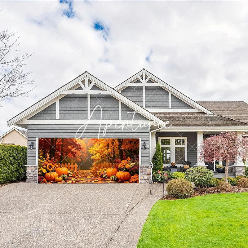 Aperturee - Aperturee Autumn Forest Path with Pumpkins and Fall Leaves Garage Door Banner Thanksgiving Halloween Decor.