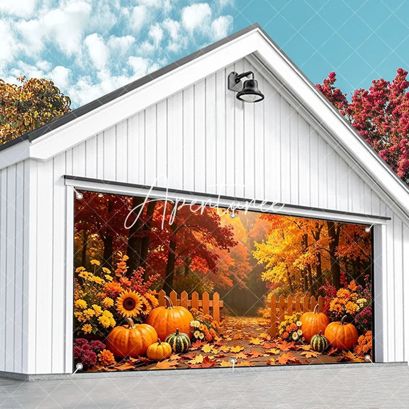 Aperturee - Aperturee Autumn Forest Path with Pumpkins and Fall Leaves Garage Door Banner Thanksgiving Halloween Decor.