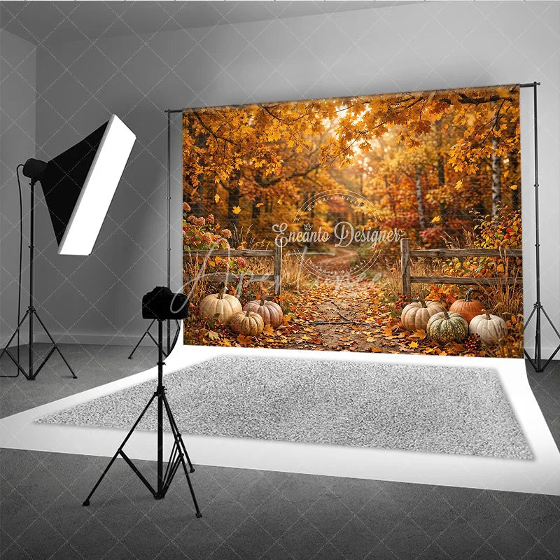 Aperturee - Aperturee Autumn Forest Photography Backdrop with Golden Fall Leaves Rustic Fence and Pumpkins for Seasonal Photoshoot