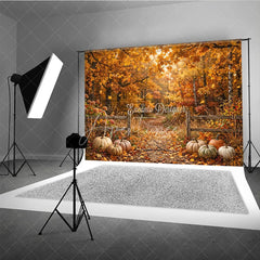 Aperturee - Aperturee Autumn Forest Photography Backdrop with Golden Fall Leaves Rustic Fence and Pumpkins for Seasonal Photoshoot