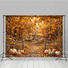 Aperturee - Aperturee Autumn Forest Photography Backdrop with Golden Fall Leaves Rustic Fence and Pumpkins for Seasonal Photoshoot