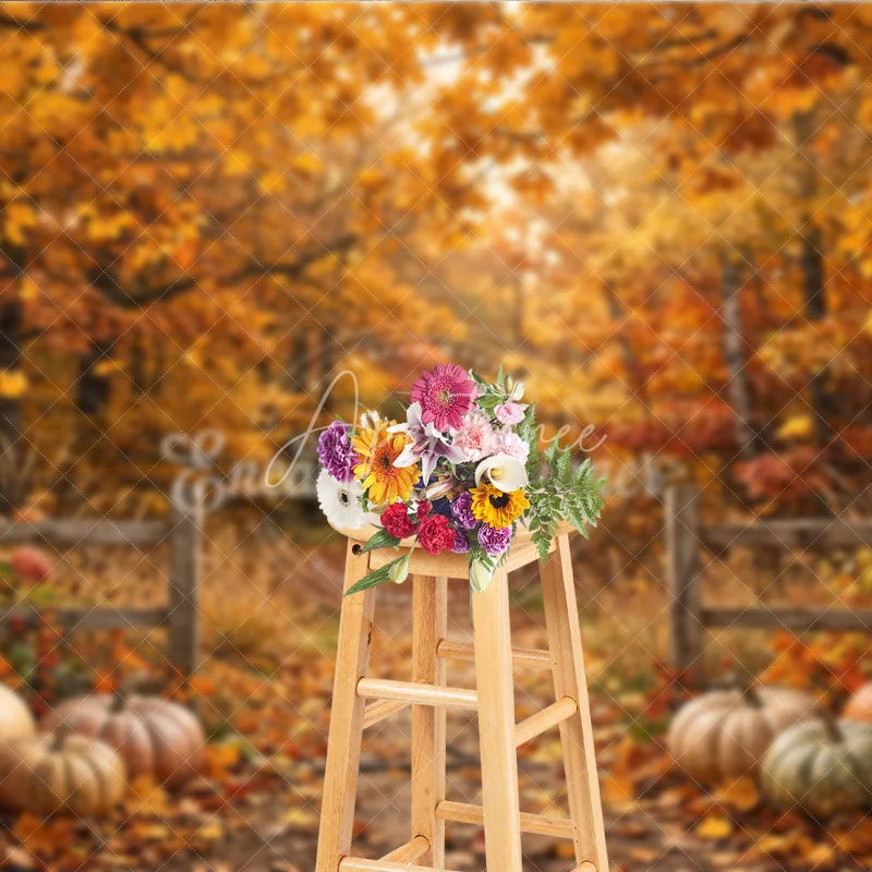 Aperturee - Aperturee Autumn Forest Photography Backdrop with Golden Fall Leaves Rustic Fence and Pumpkins for Seasonal Photoshoot