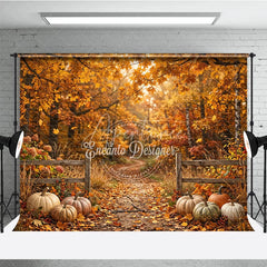 Aperturee - Aperturee Autumn Forest Photography Backdrop with Golden Fall Leaves Rustic Fence and Pumpkins for Seasonal Photoshoot