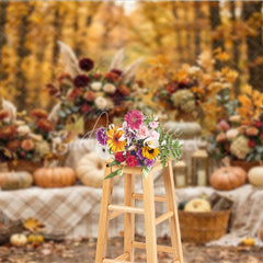 Aperturee - Aperturee Autumn Forest Photography Backdrop with Pumpkins Fall Floral Arrangements and Plaid Blanket Decor