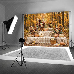 Aperturee - Aperturee Autumn Forest Photography Backdrop with Pumpkins Fall Floral Arrangements and Plaid Blanket Decor