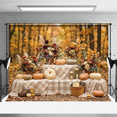 Aperturee - Aperturee Autumn Forest Photography Backdrop with Pumpkins Fall Floral Arrangements and Plaid Blanket Decor