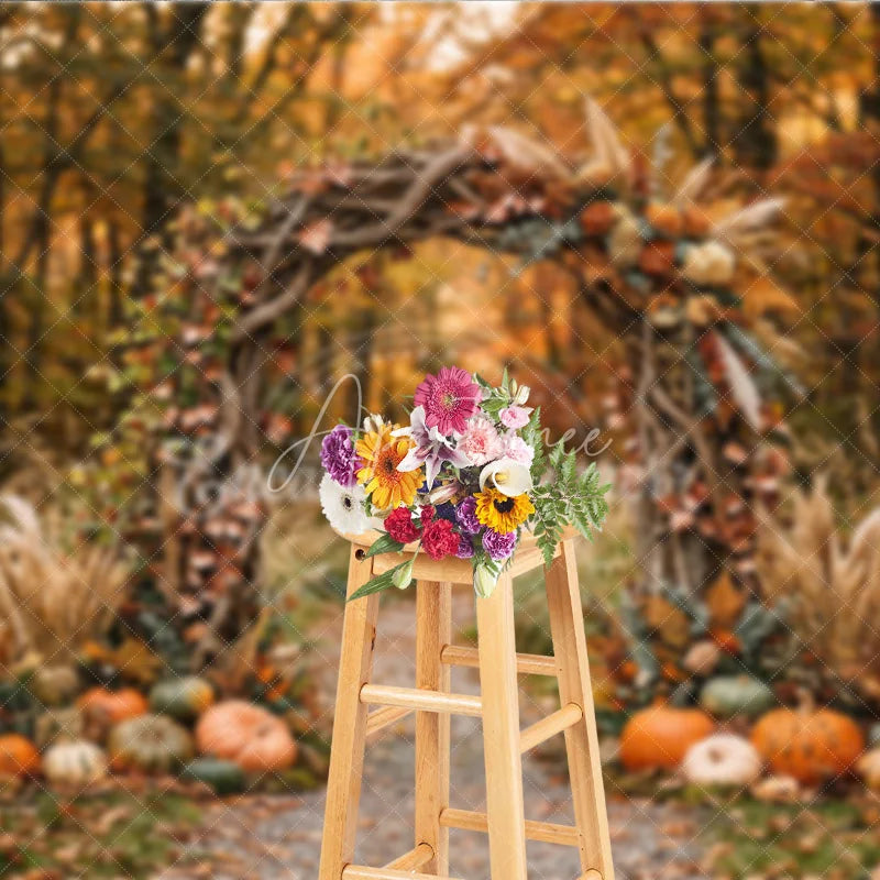 Aperturee - Aperturee Autumn Forest Photography Backdrop with Rustic Wooden Arch Fall Leaves Pumpkins and Pampas Grass Decor