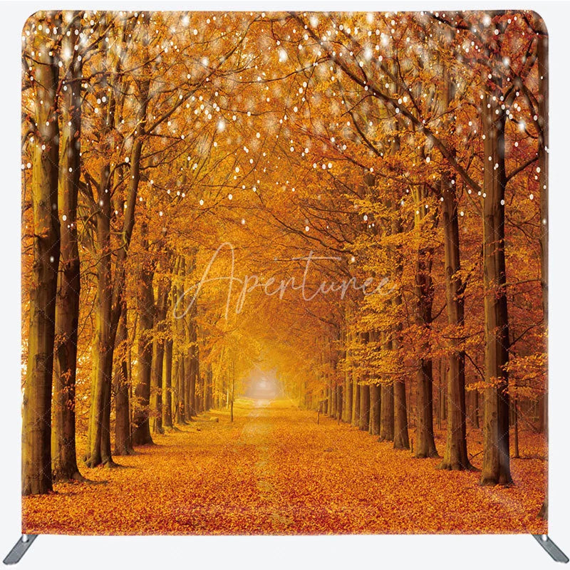 Aperturee - Aperturee Autumn Forest Tension Fabric Backdrop Fall Leaf String Light Decoration Orange Woods Path Background