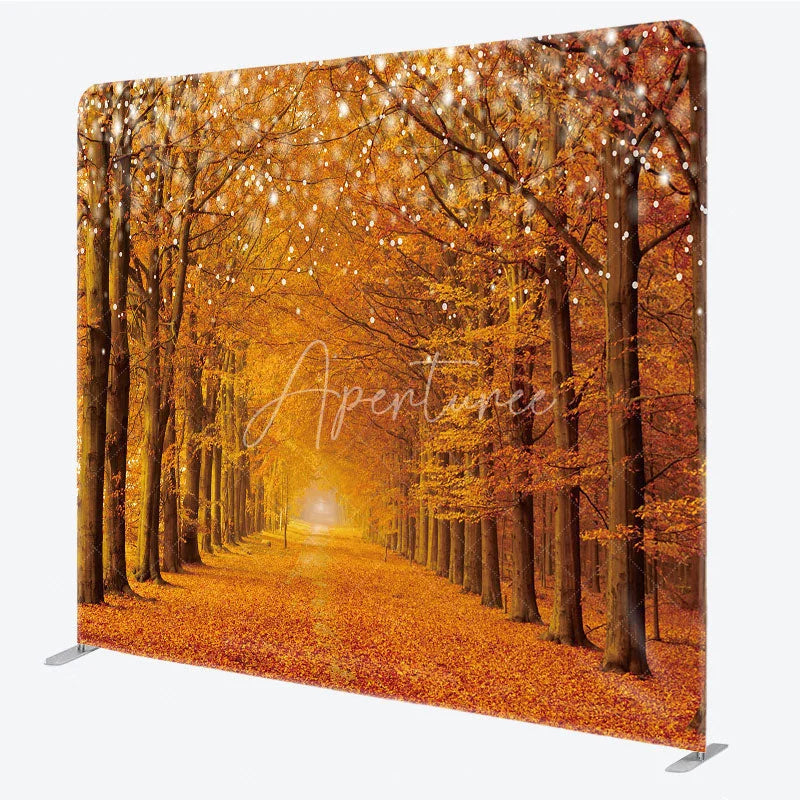 Aperturee - Aperturee Autumn Forest Tension Fabric Backdrop Fall Leaf String Light Decoration Orange Woods Path Background