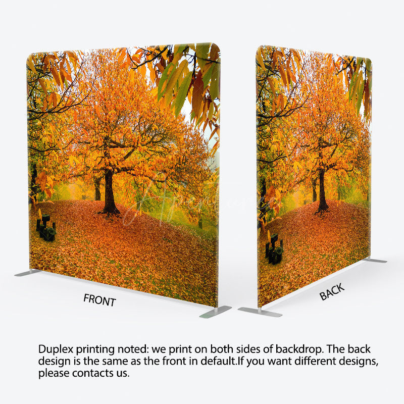 Aperturee - Aperturee Autumn Forest Tension Fabric Backdrop Orange and Yellow Fall Tree Scenery Thanksgiving or Wedding Photography
