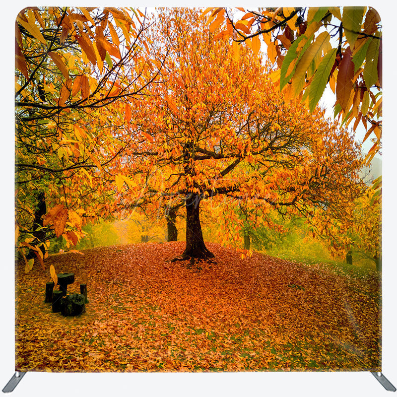 Aperturee - Aperturee Autumn Forest Tension Fabric Backdrop Orange and Yellow Fall Tree Scenery Thanksgiving or Wedding Photography
