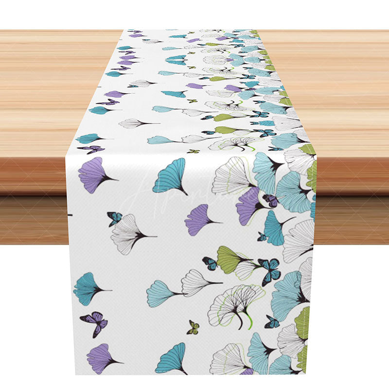 Aperturee - Aperturee Autumn Ginkgo Leaves Table Runner in Various Colors Modern Botanical Design Fall Themed Kitchen Dining Decor