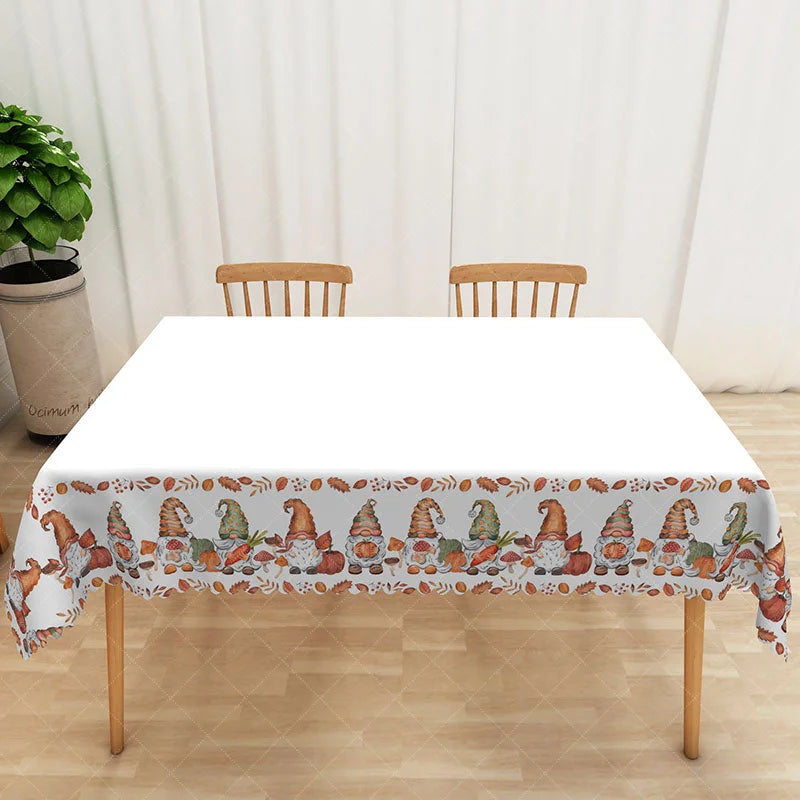 Aperturee - Aperturee Autumn Gnome Tablecloth with Fall Leaves in White and Brown for Thanksgiving and Farmhouse Decor