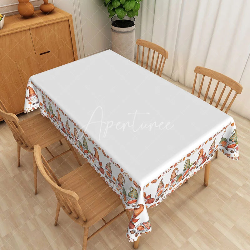 Aperturee - Aperturee Autumn Gnome Tablecloth with Fall Leaves in White and Brown for Thanksgiving and Farmhouse Decor
