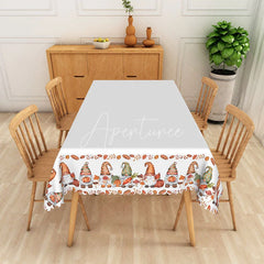 Aperturee - Aperturee Autumn Gnome Tablecloth with Fall Leaves in White and Brown for Thanksgiving and Farmhouse Decor