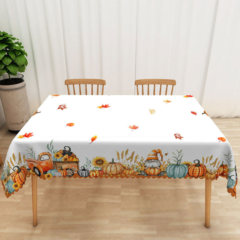 Aperturee - Aperturee Autumn Gnome Tablecloth with Pumpkins and Fall Leaves for Rustic Thanksgiving and Harvest Decor