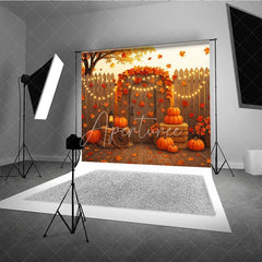 Aperturee - Aperturee Autumn Harvest Backdrop Rustic Wooden Fence Pumpkin Hay Background Thanksgiving Maple Leaves Party Decoration